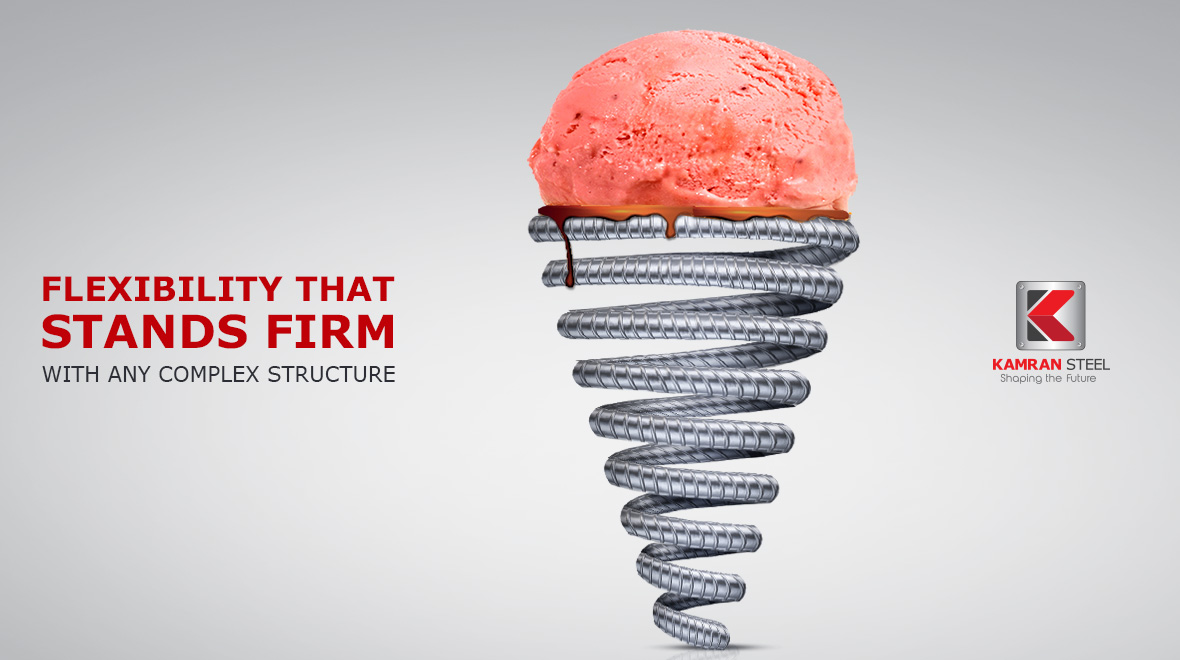 Kamran Steel ad: steel rebar bent into a drinking straw, 'Flexibility that stands firm with any complex structure'