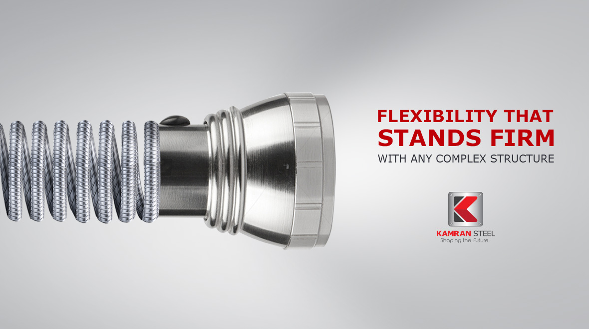 Kamran Steel ad: steel rebar coiled into a flashlight, 'Flexibility that stands firm with any complex structure'