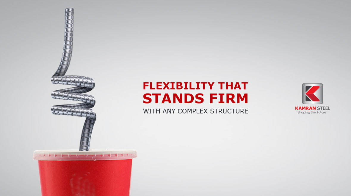 Kamran Steel ad: steel rebar coiled beneath melting ice cream scoop, 'Flexibility that stands firm with any complex structure'