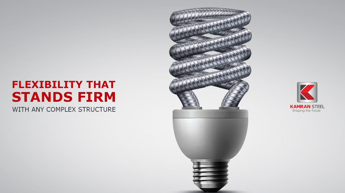 Kamran Steel ad: steel rebar shaped as flexible antelope horns, 'Flexibility that stands firm with any complex structure'